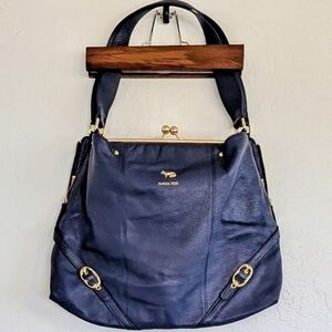 EMMA FOX Navy Genuine Leather Frame-Top Shoulder Bag Vintage-inspired Kiss-Lock